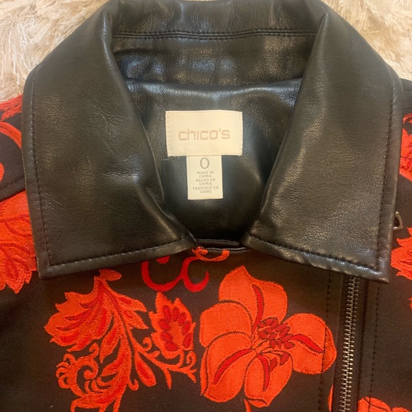 Chico’s embroidered moto jacket, size 0. Red floral embroidery. Like new! - Picture 7 of 7
